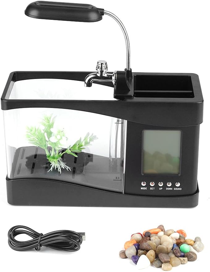 Mini Fish , Multifunctional USB Rechargeable Fish Desktop Electronic Aquarium with Clock Function LED Light Pen Holder for Office, Home