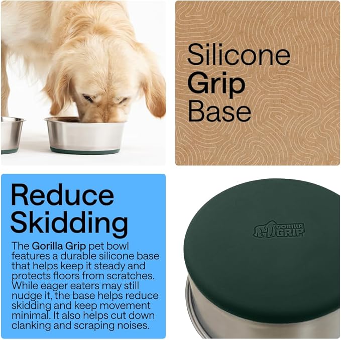 GORILLA GRIP Dog Bowls, Holds 4 Cups Each (32 fl oz), Heavy Duty Stainless Steel Food and Water Bowl for Feeding Dogs and Cats, Dishwasher Safe, Rust Resistant, BPA Free Rubber Base, Set of 2 Green