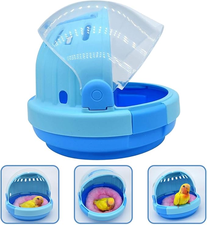YARNOW Portable Handheld Bird Carrier Cage with Blue Plush Nest Pad, Small Space Capsule Design for Parrots and Small Parakeets Travel and Warm Brooding