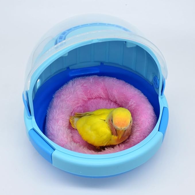 BESTonZON Portable Parrot Carrier Cage with Blue Plush Nest Pad, Handheld Small Birds Travel Cage for Small Parrots and Parakeets, Outdoor Warm Space Capsule Bird Carrier