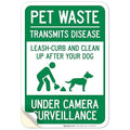 Pet Waste Leash-Curb and Clean Up After Your Dog Under Camera Surveillance Sign, 10x7 Inches, 4 Mil Vinyl Decal Stickers Weather Resistant, Made in USA