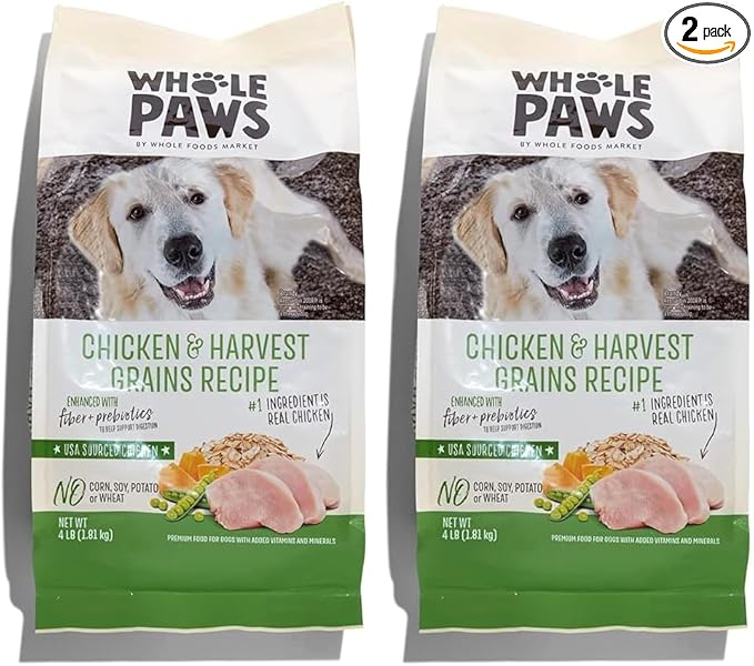 Whole Paws, Dry Dog Food, Chicken & Harvest Grains Recipe, Enhanced with Fiber & Prebiotics, 4 lb (Pack of 2)