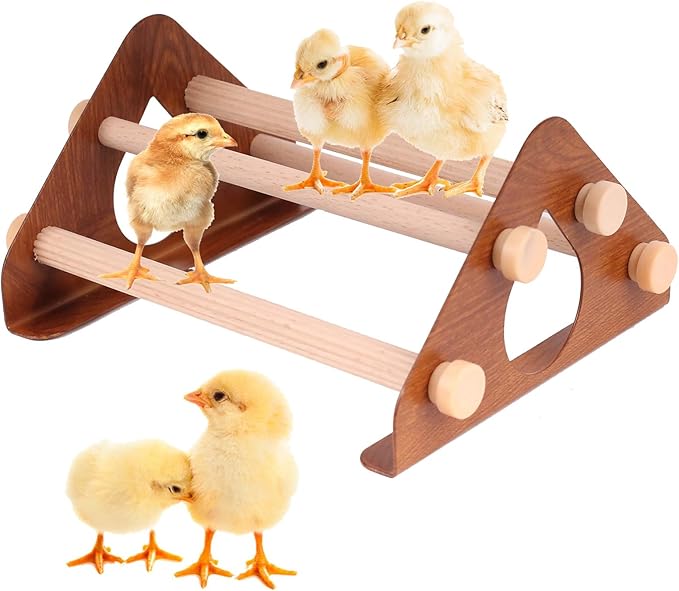 Baby Chick Perch, Durable Metal Stand with Wooden Roosting Bar for coop and brooder, Training Chicken Perch Easy to Assemble and Clean, Fun Toys for Chick (Brown Wood, Wooden Bars)