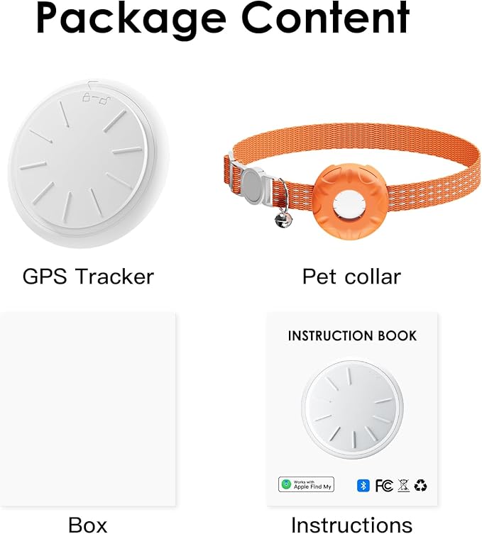 Cat Tracker, GPS Tracker Compatible with Apple Find My App(Only iOS), Waterproof Cat Tracker Collar with Bell and Safety Elastic Buckle, No Monthly Fee, Real-Time Location, Orange