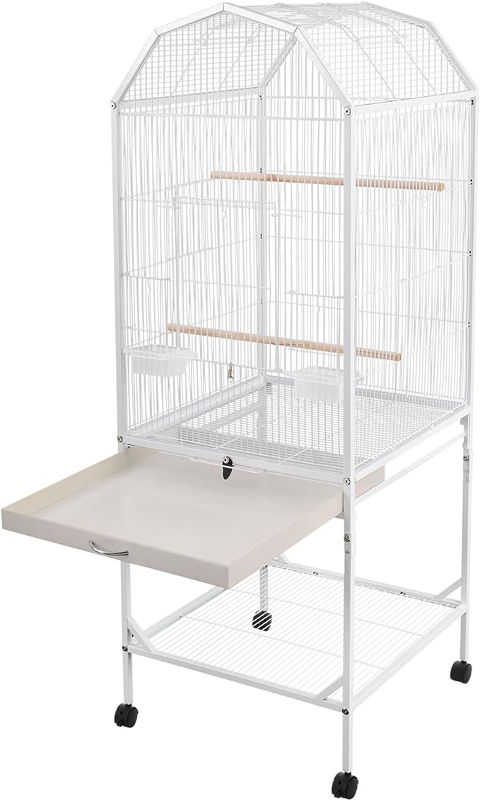 Large Bird Cage with Stand & Wheels, Freestanding Parakeet Birdcage, 53.5 Inch Bird Flight Cages for Parrot Canaries Cockatiels Budgie Parrotlet (White-B)
