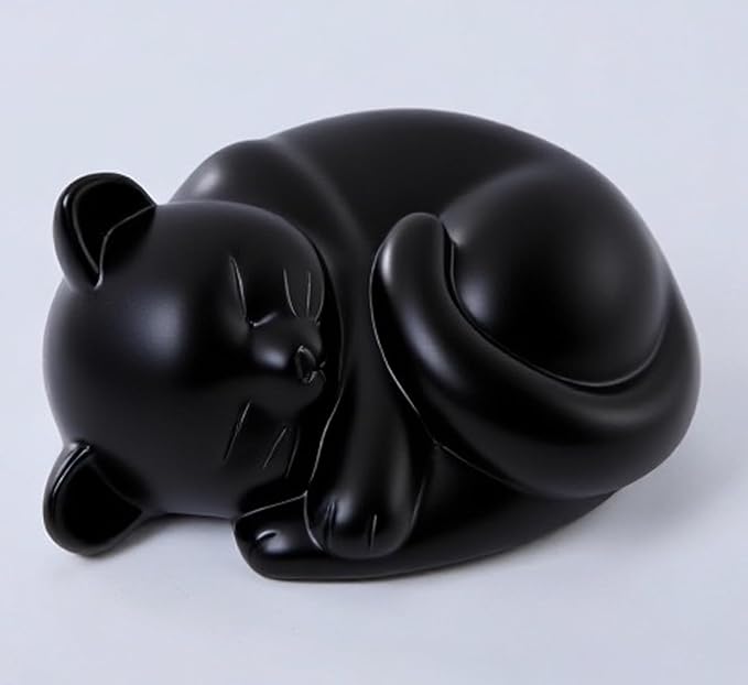 Pet Cat Urns for Ashes, Sleeping Resin Cremation Animal Urn and Sealed Bag, Decorative Memorial, Fur Keepsake, Ashes Necklace, Keychain, Inkless Paw Print Kit, Picture Frames, Sympathy Cards(Black)