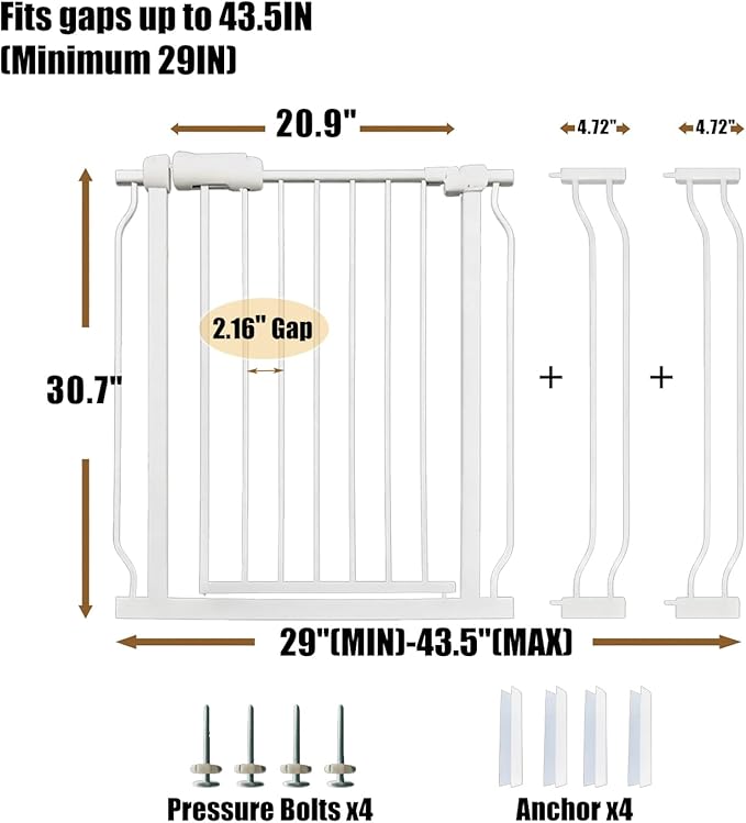 Walk Through Baby Gate 29-43.5 Inch Wide for Stairs Tension Pet Dog Gates Indoor for Doorways No Drilling Pressure Mounted Pet Gates for Kids