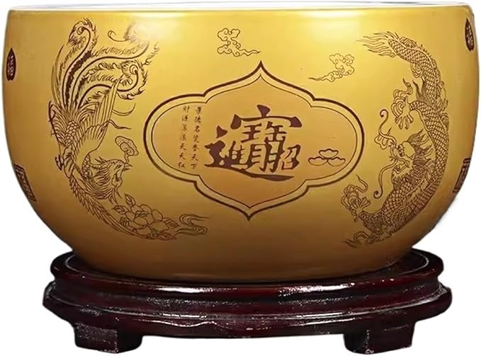 Fish Tank Treasure Bowl Ceramic Fortune Fish Tank Desktop Ceramic Small Treasure Bowl Turtle Feeding Bowl Aquarium(Gold,29x18cm)