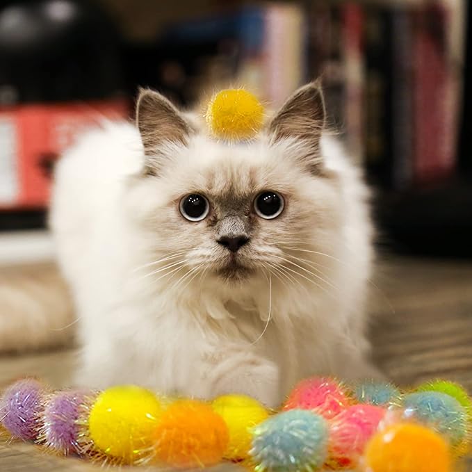 30 Pieces 1.2 inches Sparkle Pom Pom Balls for Cat - Interactive Glitter Balls, Multicolor, Best as Kitten Play Toys