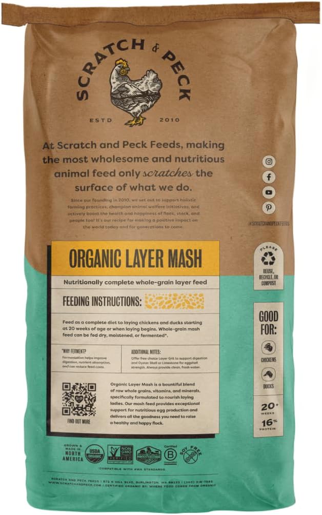 Scratch and Peck Feeds Whole Grain Layer Mash Chicken and Duck Feed - 25 lbs Bag - Corn-Free and Soy-Free - 16% Protein, Certified Organic and Non-GMO Project Verified Chicken Food