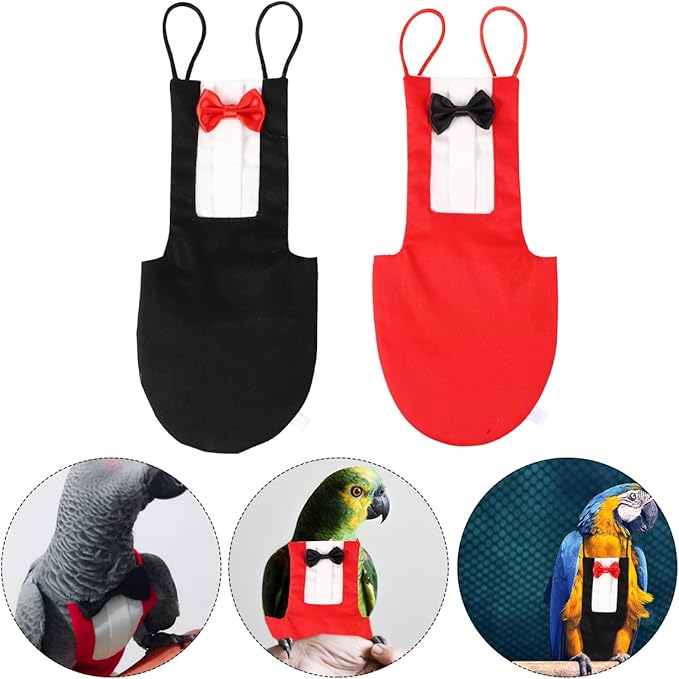 HANABASS 2Pcs Bird Diaper Parrot Suit Diapers, Cotton Pet Bird Clothes Pee Pads, Bird Harness Reusable, Macaw Parakeet Flight Suit for Birds, Cockatiel, Budgie, Red Black
