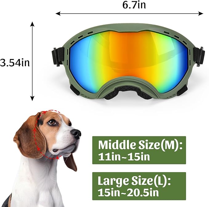 Dog Goggles for Large Dogs, Dog Sunglasses for Eyes Protection, UV Protection for Medium/Large Pet Outdoor, Windproof Anti-Fog Snowproof, Green Box