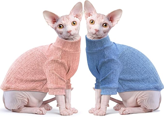 Idepet Sphynx Hairless Cats Sweater Shirt Kitten Soft Puppy Clothes Pullover Cute Cat Pajamas Jumpsuit Cotton Apparel Pet Winter Turtleneck for Cats and Teacup Chihuahua(2 Pack-Blue&Pink,XS)