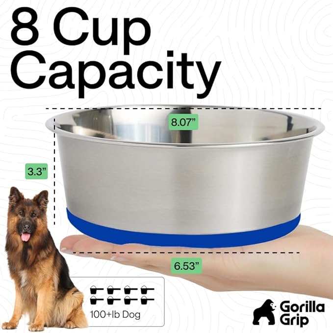 GORILLA GRIP Set of 2 Dog Bowls, Holds 8 Cups (64 fl oz), Heavy Duty Metal Food and Water Bowl for Feeding Dogs and Cats, Dishwasher Safe, Rust Resistant Stainless Steel, BPA Free Rubber Base, Blue