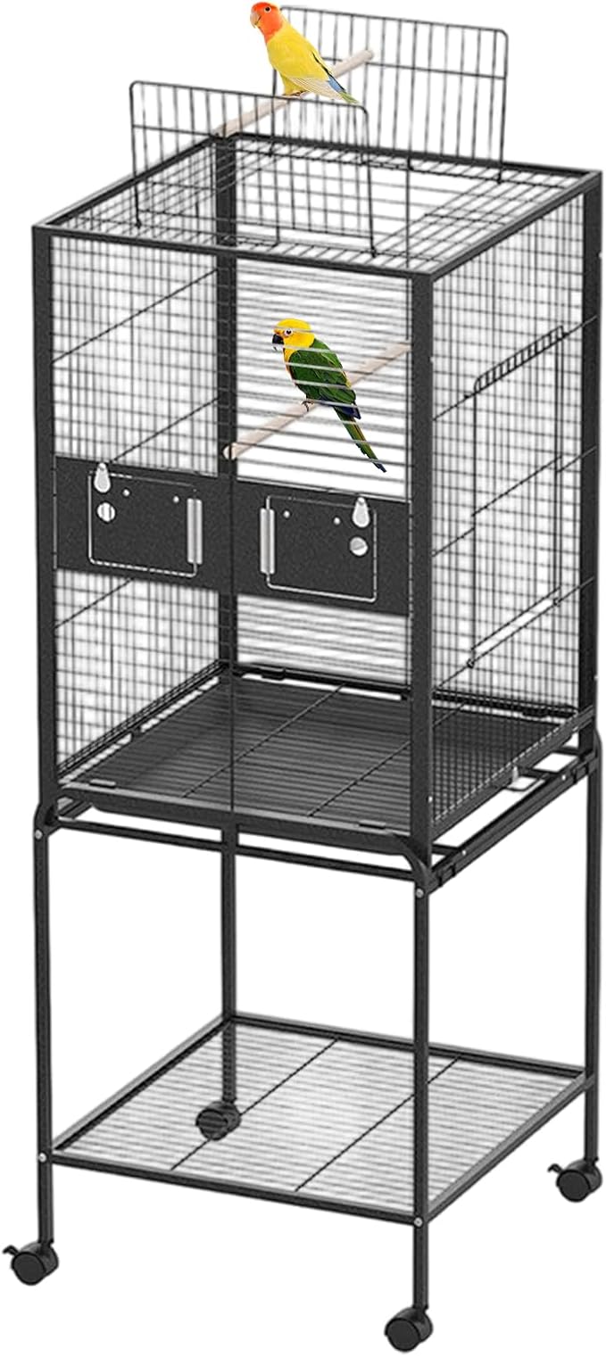 Bird Cage with Wheels, 63 Inch Bird Flight Cage, Wrought Iron Standing Large Parrot Parakeet Flight Birds Cages with Slide Out Tray Parrot Metal Parakeet Cages with Wooden Perches Black