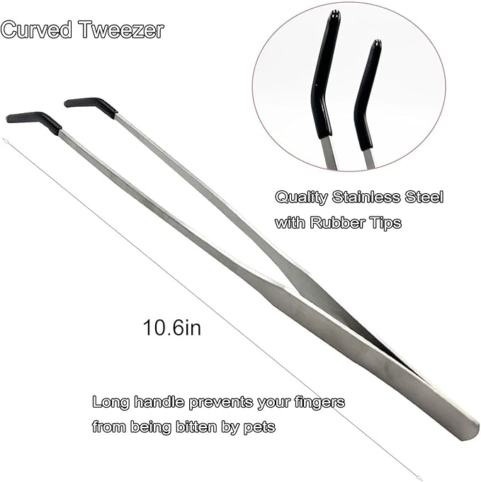 Stainless Steel Straight and Curved Tweezers Aquarium Tweezers with Rubber Tips Long Handle Reptile Feeding Tongs for Fish Tank Aquatic Plants, 2pcs, 10.6 Inch, Silver