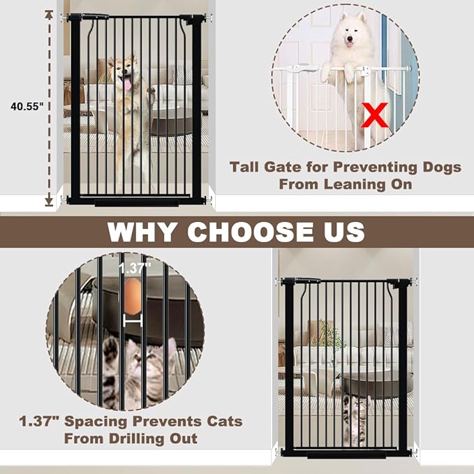 40.55" Extra Tall and Wide Baby Gate, 71.3-74 in Gates for Dogs Indoor with Door, Walk Through Long Pet Gate for Large Openings, Pressure Mounted Child Safety Gate for House Kid, Black