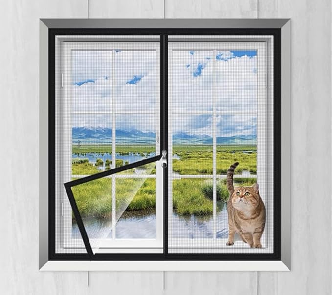 Cat Balcony Net Window Screen Mesh with Zipper Opening,Cat Safety Net Anti-Falling Netting for Balcony Window,Anti-Mosquito Insect Fly Screen Fiberglass Mesh (Black,39x59inch)