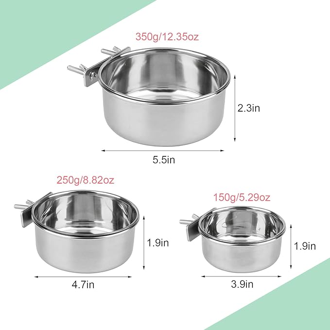 Hypeety Stainless Steel Food Water Bowl for Pet Bird Crates Cages Coop Dog Cat Parrot Bird Rabbit Pet 2PCS (Small,3.9 * 1.9in)