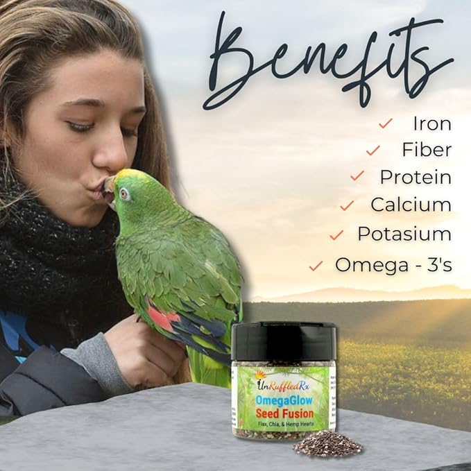 UnRuffledRx™ OmegaGlow for Birds – Raw, Natural Seed Blend for Feather Growth & Molting Support – Skin & Immune Health with Chia, Flax & Hemp Seeds – Helps Reduce Plucking – 2 oz Shaker Jar