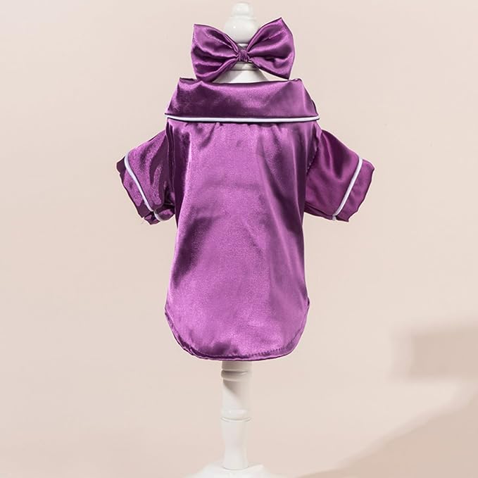 Cat Puppy Costume Elegant Satin Pajamas with Bow Headband 2PCs Set Pet Sleepwear Cute Pet Outfit Cosplay Partywear Photoshoots (Purple Set,Small)