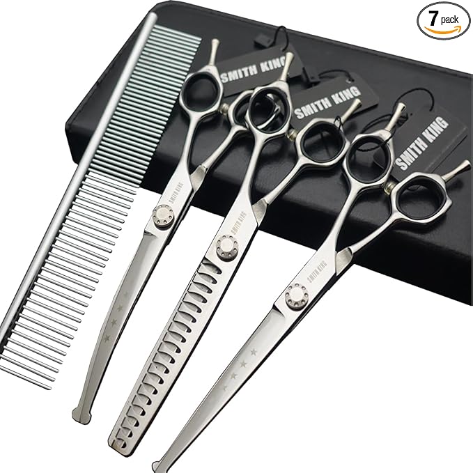 7 inches Safe Dog Grooming Scissors Set with Round Tip,Straight & Thinning & Curved Shears Set with comb for Dog & Cat Grooming (Black 3 in 1 with comb)