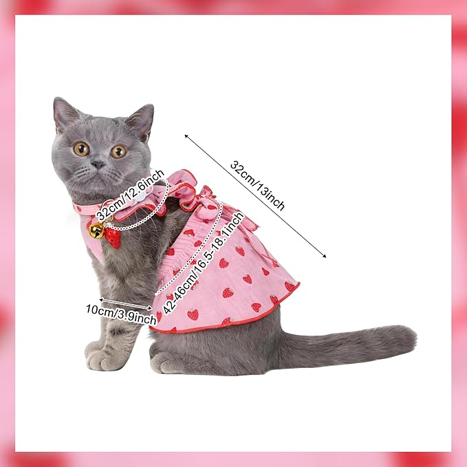 2-Piecs Cotton Detachable Pet Cat Dog Collar with Strawberry Pendant and Bell + 1-Piece Small Dog Cat Dress, Girl's Cat Costume, Cute Bow-Decorated Outfit, Strawberry Print Pet Birthday Set (Large)