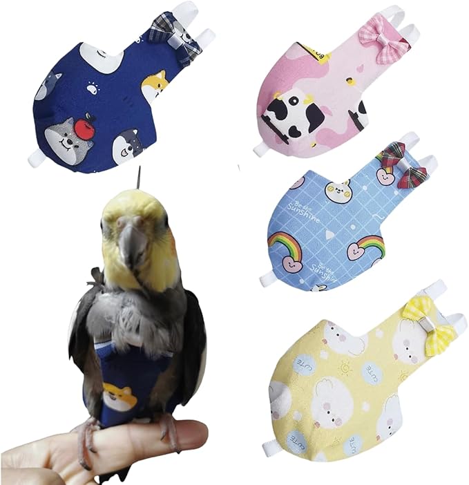 Bird Diaper Protective Parrot Nappy - 4 Pack, Reusable Flight Suit with Waterproof Inner Layer, Adjustable Shoulder Straps, Washable Cute Urine Wet Suit for Parakeet Conure (S)