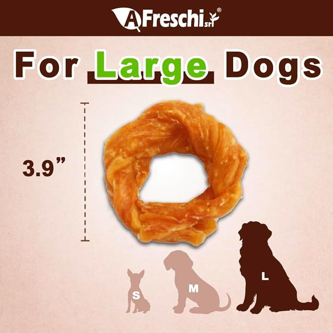 A Freschi srl Turkey Tendons for Dogs, USA-Sourced, Healthy Dog Treats, Rawhide-Free Puppy Chews, Long Lasting, All Natural, Hypoallergenic Dog Treats for Large Breeds, 1 Count Pack Ring (L)
