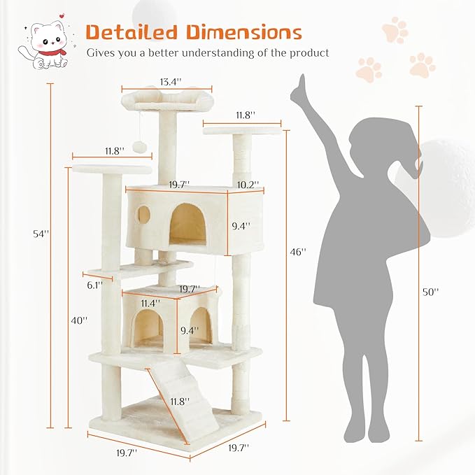 Sweetcrispy 54 Inch Cat Tree Tower, Multi-Level Tower with Cat Scratching Post, Indoor Cat Condo with Climbing Ladder, Plush Toy, Play House for Cat, Beige