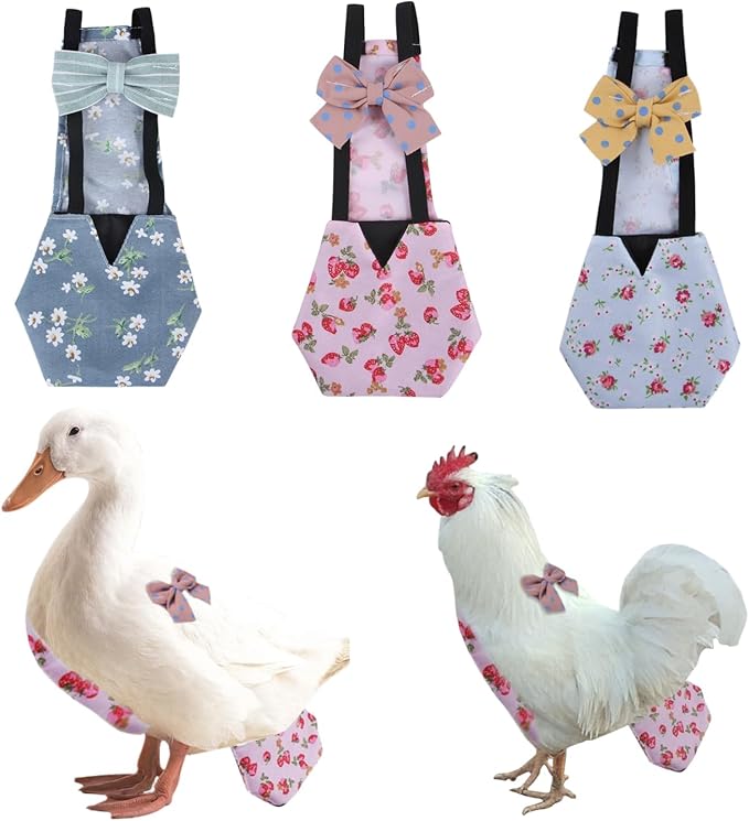 MANON ROSA Chicken Diapers Bantam Hens - Reusable 3-Piece Set with Bow Ties Poultry Nappies Washable Waterproof for Geese Pet Ducks Silkie (Floral M)
