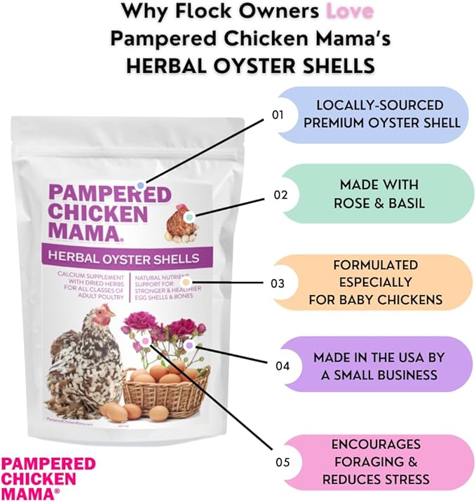 Pampered Chicken Mama Herbal Oyster Shells High Calcium Supplement for Pet Chickens, Ducks, and Other Poultry, Crushed Oyster Shells for Chickens with Herbs (3 POUNDS)