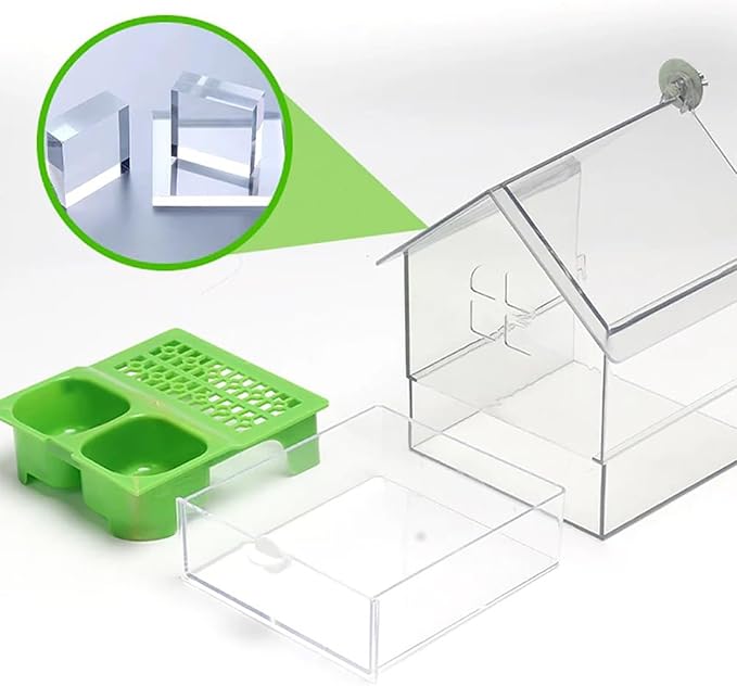 Pull-Out External Parrot Feeder, No Mess Hanging Bird Feeder for Cage, Multi-Function Transparent Bird Seed Platform Parrot Bath Tub Pet Feeding & Watering Supplies Easy to Clean (Green)