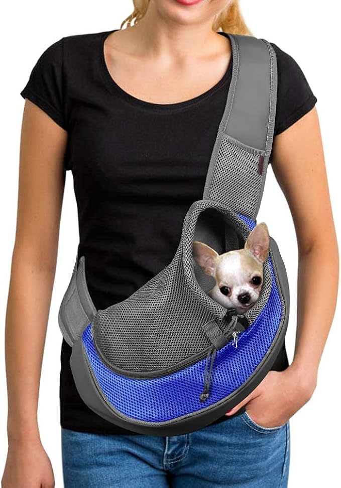 YUDODO Pet Sling Carrier for 2-5 lbs Small Dogs & Cats – Hands-Free Puppy Carrier with Safety Hook, Large Zipper Pocket, Soft Breathable Mesh, Adjustable Strap & Reflective Strip (Blue 1.0 S)