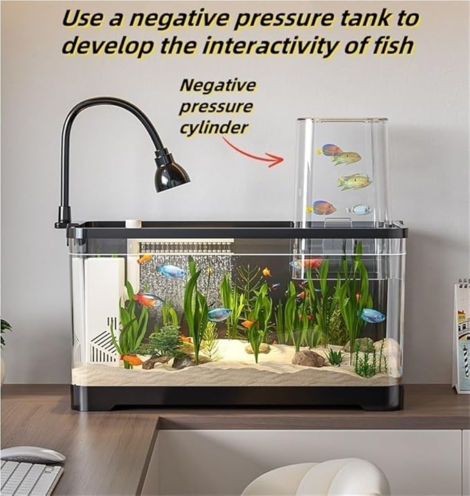 4 Gallon Fish Tank, Small Tabletop Fish Tank, Aquarium with Negative Pressure Tank, Fish Aquarium with Spotlight and Water Pump, Betta Fish Tank Starter Set(White,21.7x11.8x16.6in)