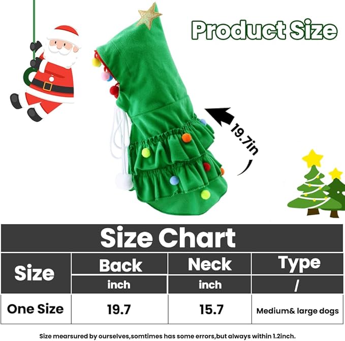 Dog Christmas Outfit Green Pet Cloak with Hat with Star and Pompoms Puppy Cape Clothes Xmas Tree Elf Costumes Party Pet Supplies Accessories for Dogs Big Cats Santa Presents