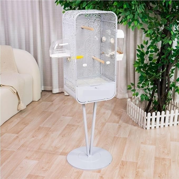 Metal Birdcage with Stand, Decorative Small Bird Cage for Parakeets, Cockatiels, Budgies, Indoor Bird Decor for Home(Light Gray)