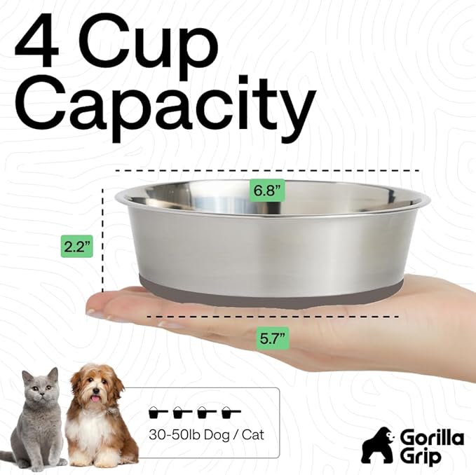 GORILLA GRIP Dog Bowls, Holds 4 Cups Each (32 fl oz), Heavy Duty Stainless Steel Food and Water Bowl for Feeding Dogs and Cats, Dishwasher Safe, Rust Resistant, BPA Free Rubber Base, Set of 2 Beige