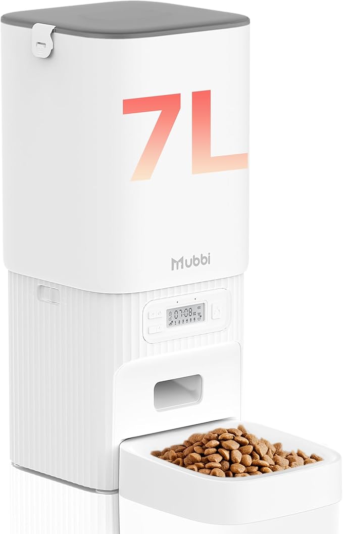 Automatic Cat Feeders, 7L/29 Cups Automatic Dog Feeder with Desiccant Bag, 1-6 Meals Ideal for 2-15mm Dry Food, Suitble for Multiple Pets, Dual Power Supply, Detachable Washable, White
