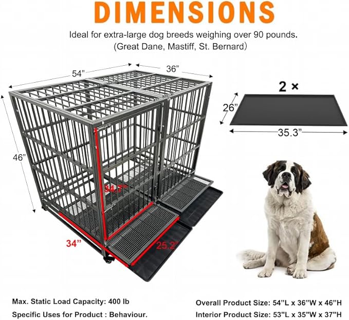 54 Inch Heavy Duty Dog Crate Cage with Wheels, Indestructible and Escape Proof Steel Kennel Indoor for High Anxiety Dogs with Sturdy Locks, Double Door and Tray, Extra Large XL XXL