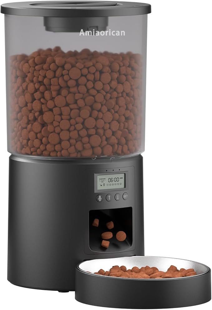 Automatic Cat Feeder 4.2L Cats,6 Meals/Day,Dual Power Portion Control Feeder,Dry Pet Food Auto Dispenser,Timer Setting,10S Voice Record (Transparent Black, Stainless Steel 2 Bowls)