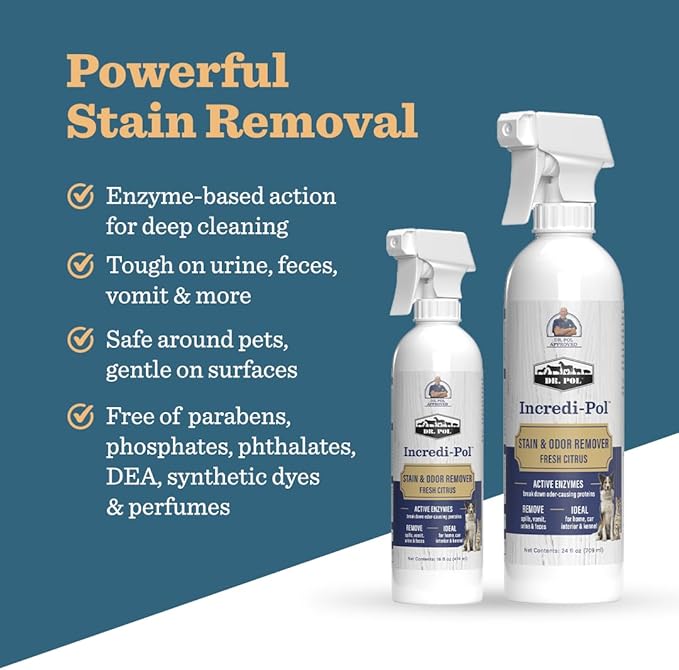 Dr. Pol Incredi-Pol Stain & Odor Remover | Eliminates Dirt, Urine & Feces | Safe and Effective Around Pets & Their Favorite Spots | Trigger Spray for Easy Use | 24 oz | Fresh Citrus