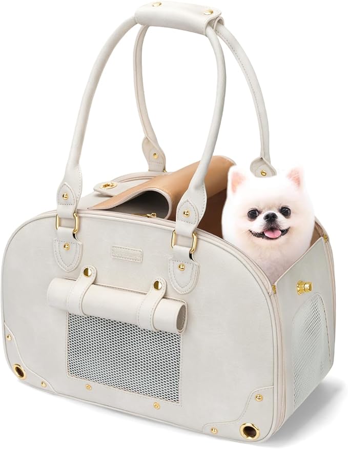 PetsHome Dog Carrier Purse, Pet Carrier, Waterproof Premium Leather Pet Travel Portable Bag for Cat and Small Dog Home & Outdoor Medium Beige