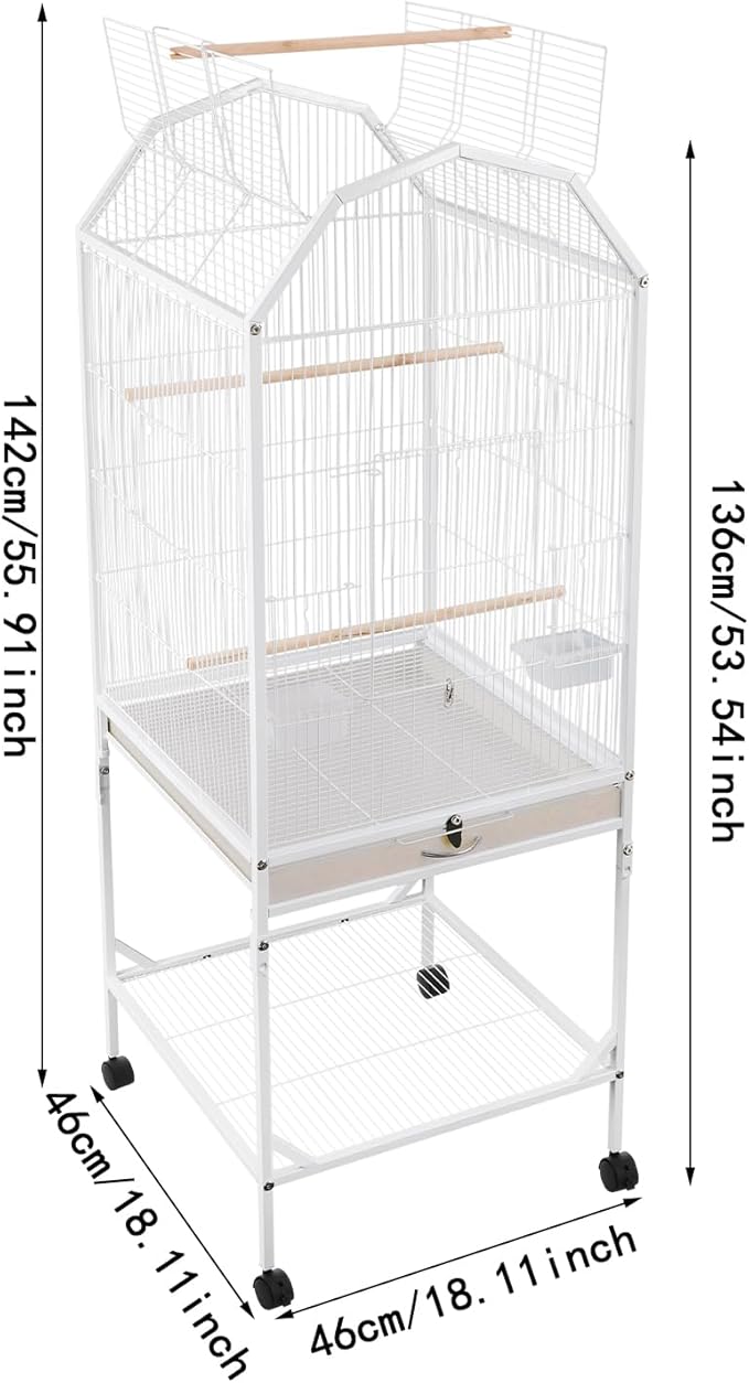 Large Bird Cage with Stand & Wheels, Freestanding Parakeet Birdcage, 53.5 Inch Bird Flight Cages for Parrot Canaries Cockatiels Budgie Parrotlet (White-B)