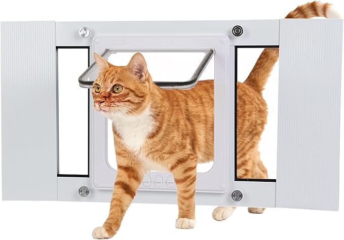 Cat Door for Window, Adjustable Width Fits 31"-36", Quick-Fit Cat Door Window Insert, Aluminum Frame with Tight Seal & Magnetic Closure, 4 Locking Modes for Pet Access Control