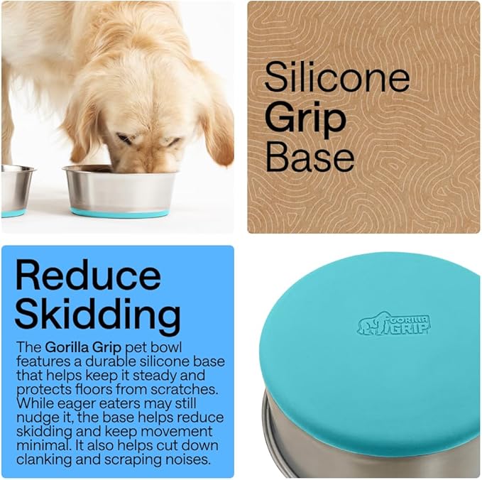 GORILLA GRIP Dog Bowls, Holds 4 Cups Each (32 fl oz), Heavy Duty Stainless Steel Food and Water Bowl for Feeding Dogs and Cats, Dishwasher Safe, Rust Resistant, BPA Free Rubber Base Set of 2 Turquoise