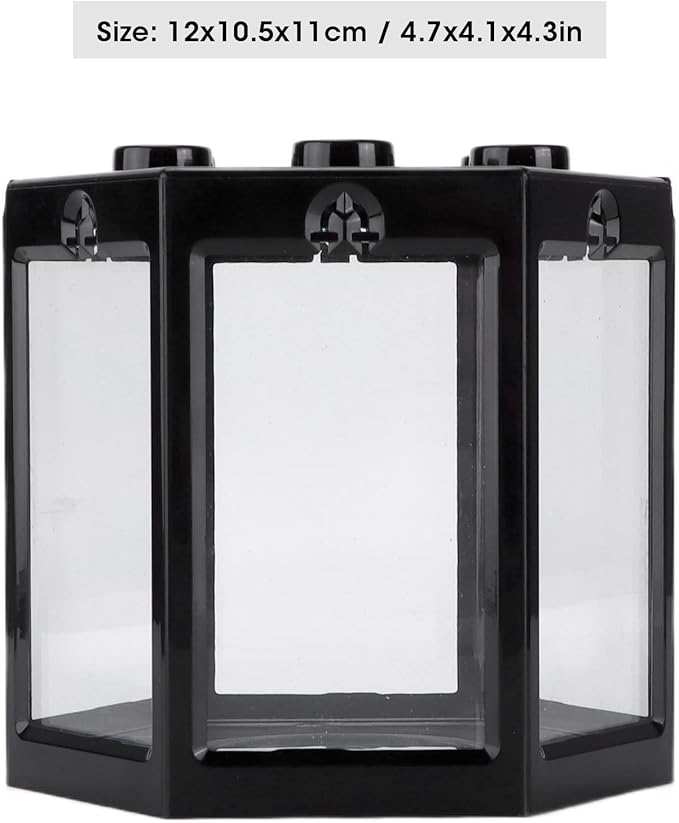 Small Betta Fish Tank Hex Shape Stackable Mini Aquarium Tank Portable Plastic Fish Bowl for Small Fish, Shrimp, Crab, Spide (Black)