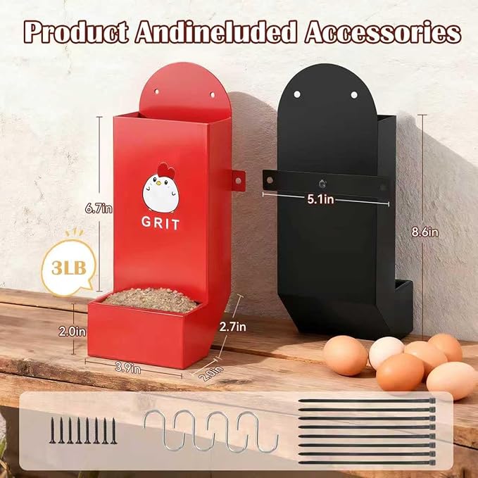 Chicken Grit and Oyster Shell Feeder Combo, Heavy Duty Metal Automatic Chicken Feeders，Stable Chicken Feeder - Anti-Tip Rod Included, Chicken Coop Accessories Built for Busy Keepers