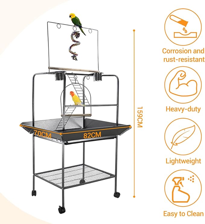 Small Parrot Playstand with Wheels, Bird Stand Activity Play Center with Perches and Ladders, Indoor Outdoor Playground for Birds with Swing Black Hammertone Finish