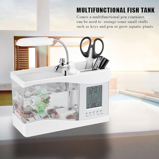Small Divided Fish Multifunctional USB Rechargeable Mini Fish Aquarium with Clock Function LED Light(White)